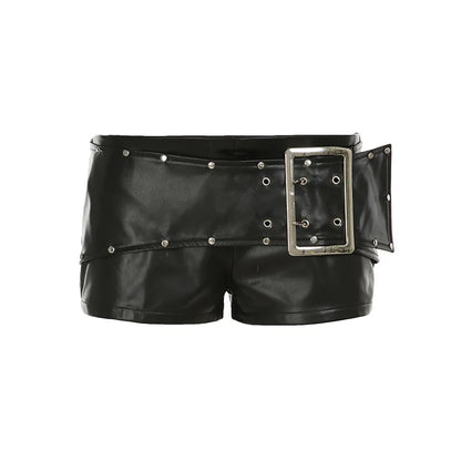 Rivet Buckle Belt Low Waist Leather Shorts