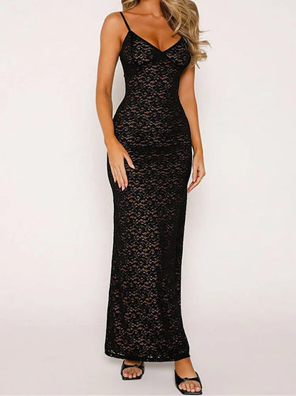 Lace Hollow Out Backless Maxi Dress