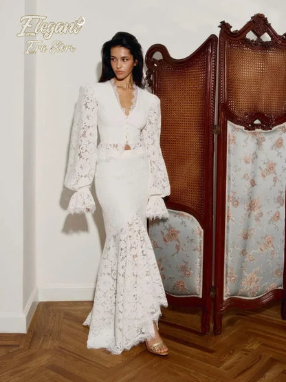 Lace Patchwork Long Skirt Set