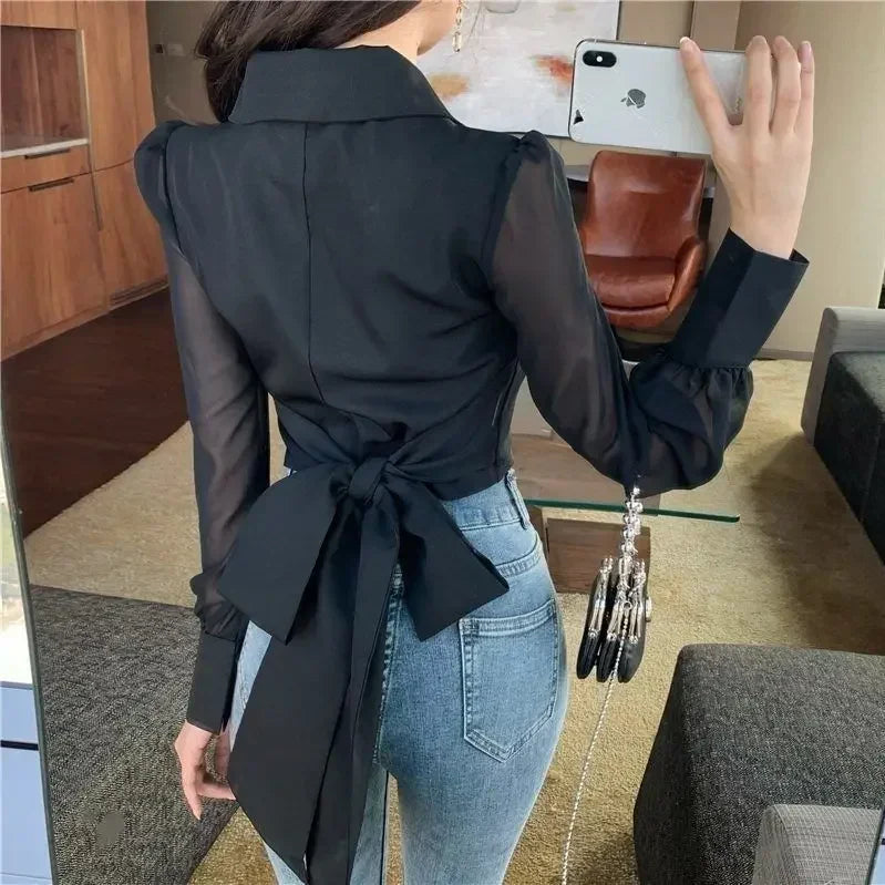 V-neck Bandage Bow Slim Waist Chiffon Blouse
