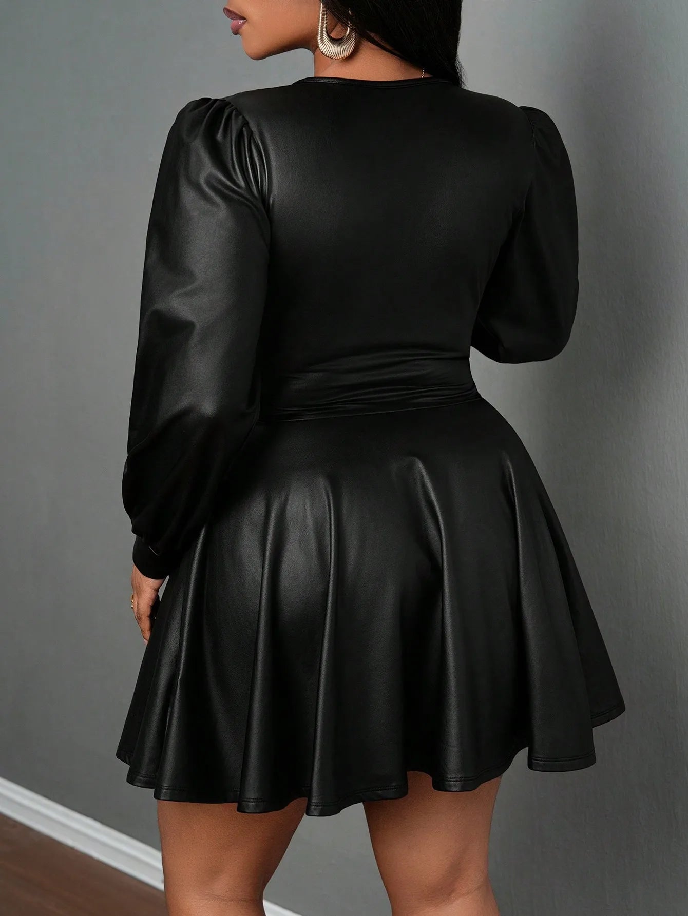 Deep V Neck Lantern Sleeve Waist Cinched A-Line Dress