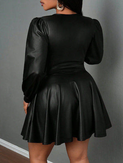 Deep V Neck Lantern Sleeve Waist Cinched A-Line Dress