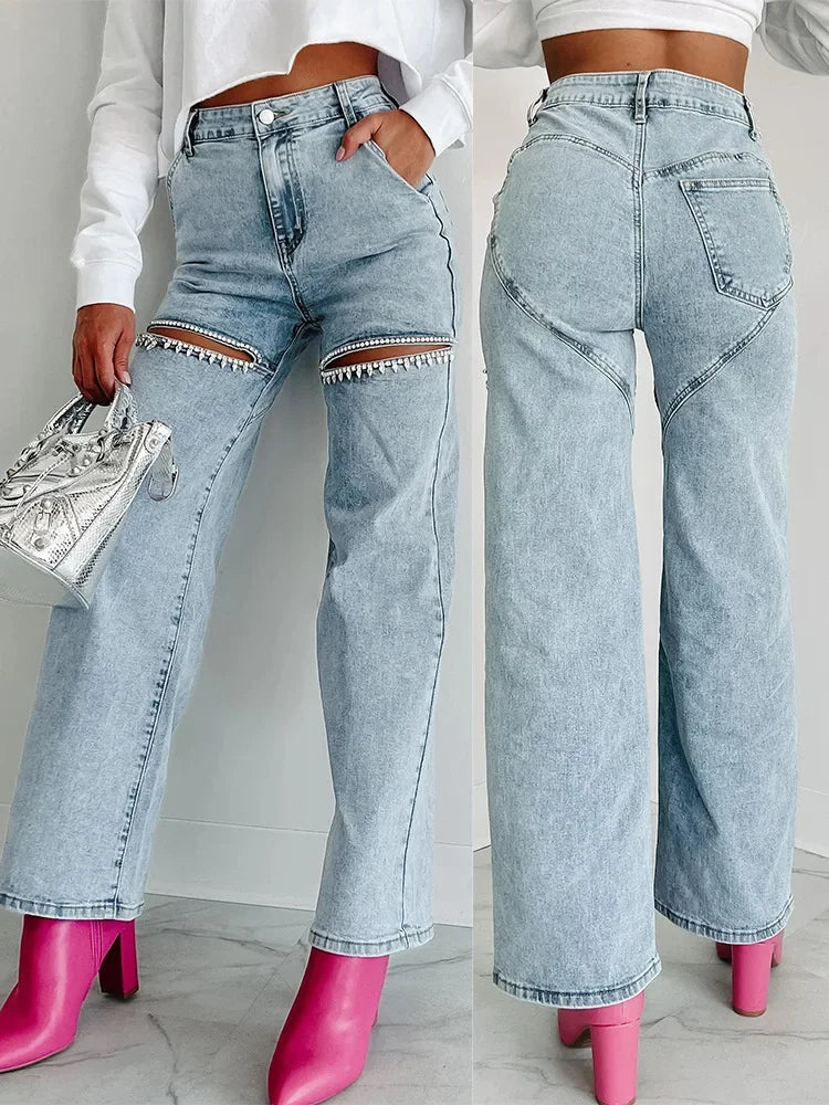 Pantalones Vaqueros de Mujer de Moda Cintura Alta Versátiles Casuales Perforados Rectos Jeans Femeninos Y2k Streetwear Primavera/Verano 2024