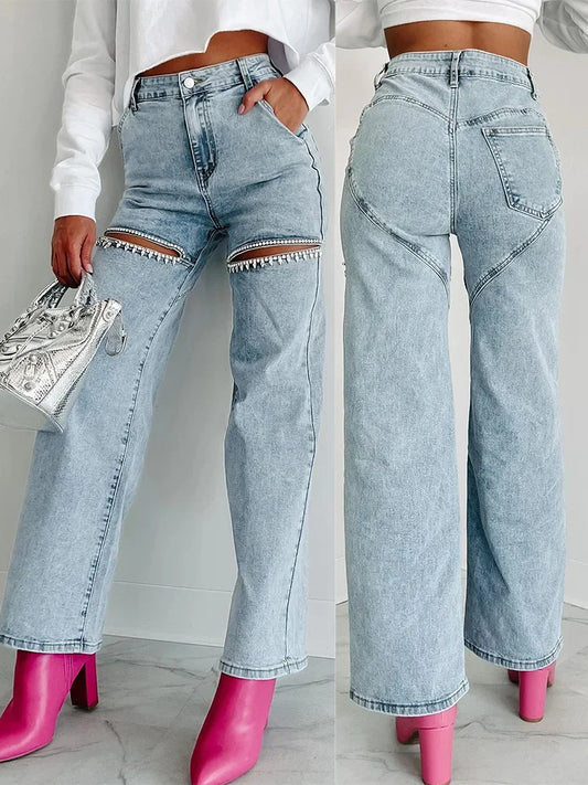 Rhinestone Denim High Waist Pants