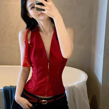 Deep V Neck Sleeveless Crop Top