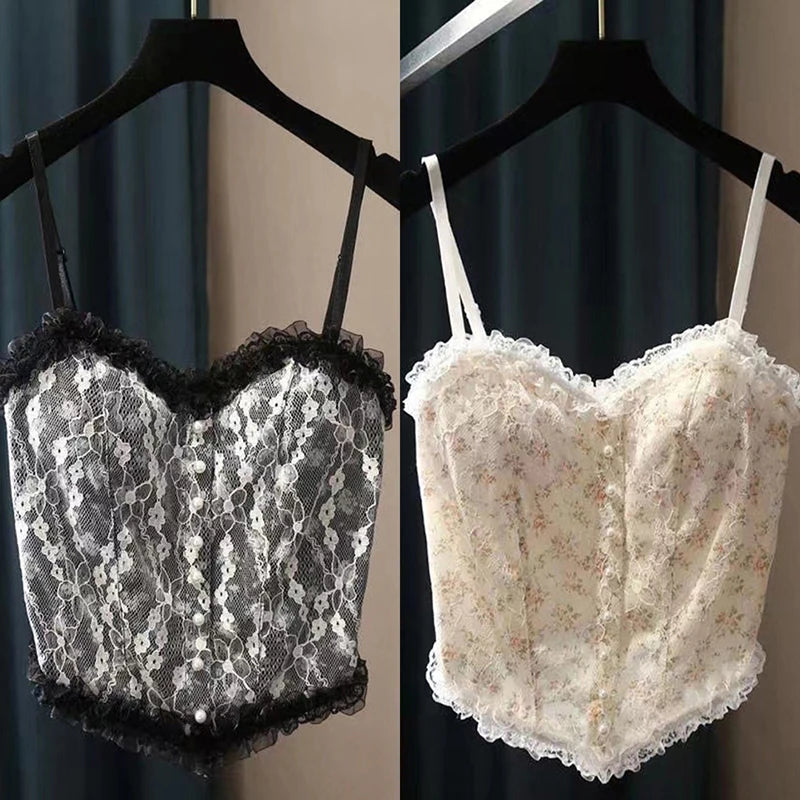 French Print Lace Cami Crop Tank Top