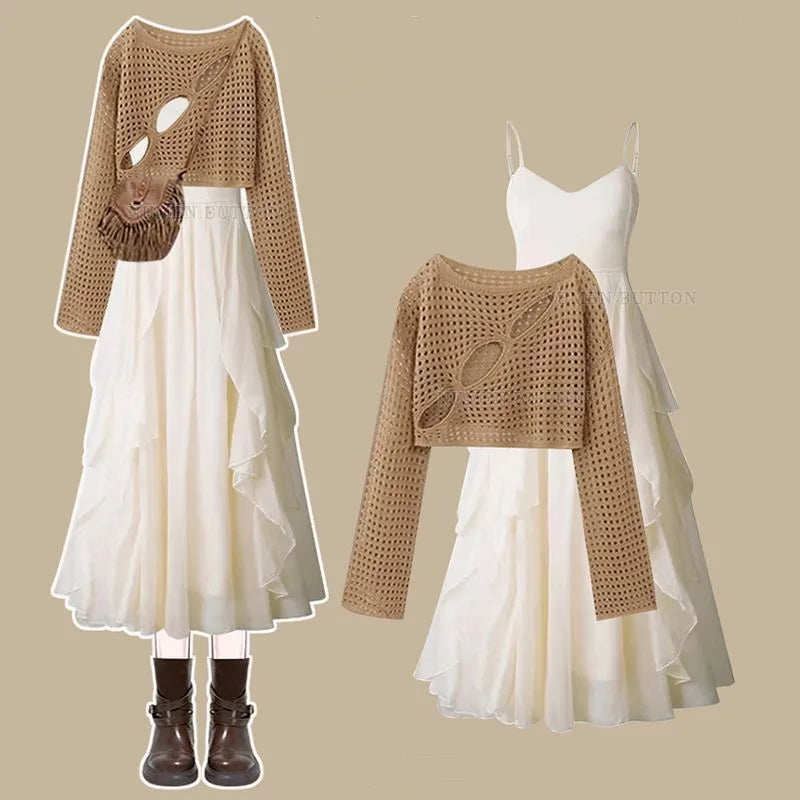 Conjunto de Top de Manga Larga Calado + Falda Vaquera de Tirantes