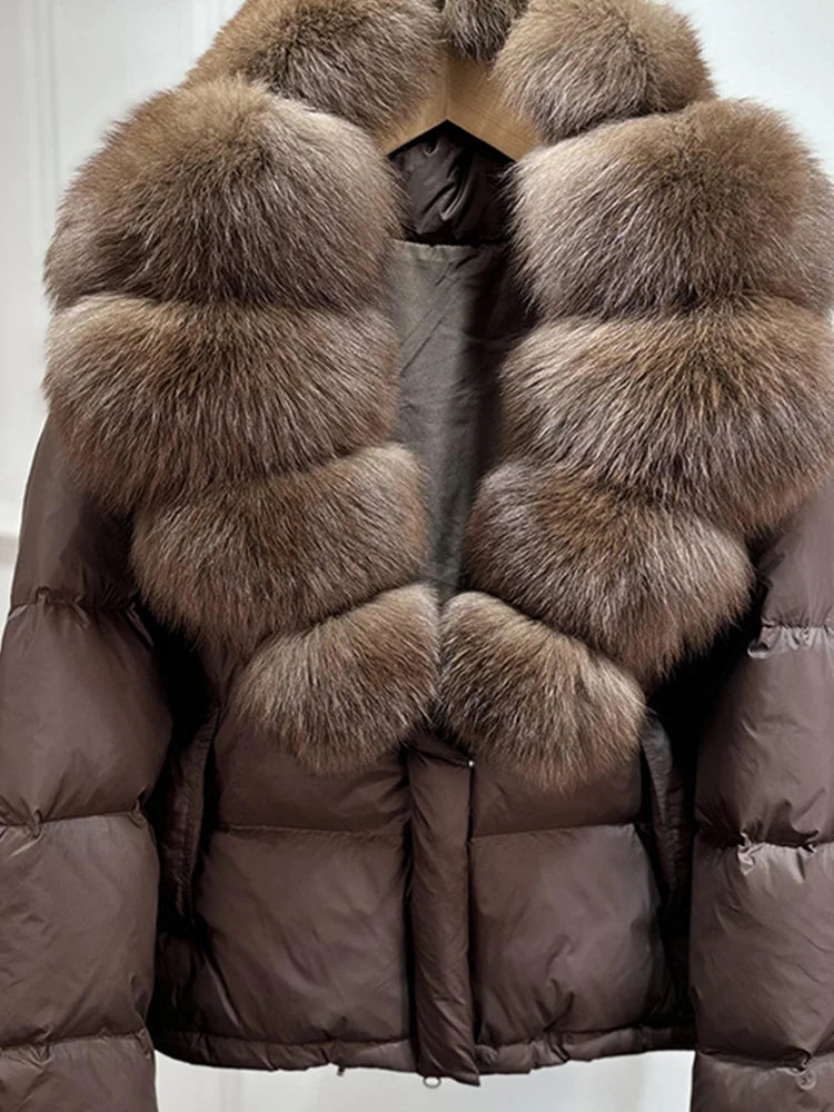 Lagabogy 2025 Abrigo casual cálido de mujer, parka de plumón, abrigo de lujo con cuello de piel de zorro natural, chaqueta de plumón de pato blanco para mujer