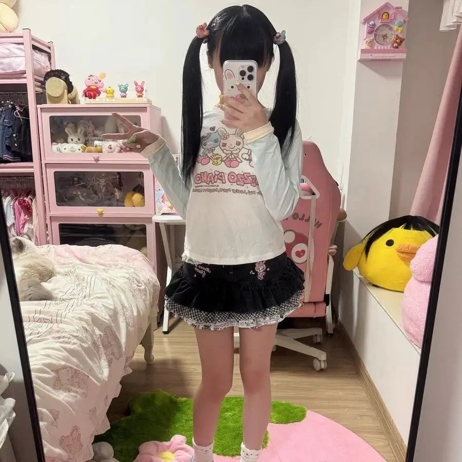 Camiseta de manga larga japonesa con estampado de dibujos animados Jojifuku para hija, camiseta nueva dulce de otoño para niña, camisetas interiores lindas con estética Y2k