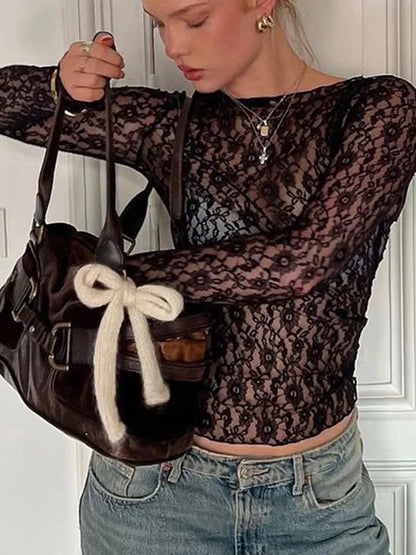 Long Sleeve See through Lace Crop Top