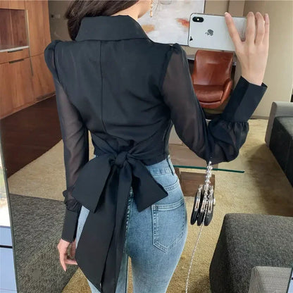 V-neck Bandage Bow Slim Waist Chiffon Blouse