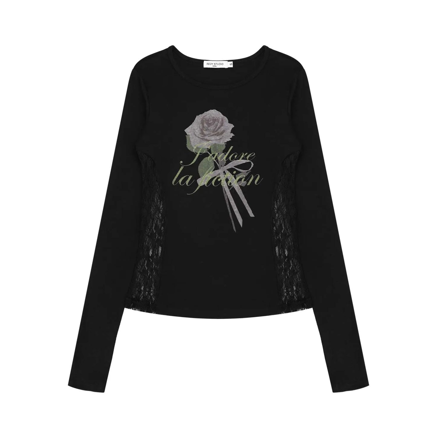 Rose Print Lace-paneled Long Sleeve O-neck T-Shirt