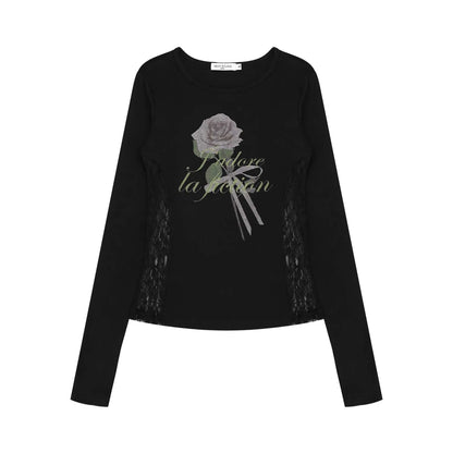 Rose Print Lace-paneled Long Sleeve O-neck T-Shirt