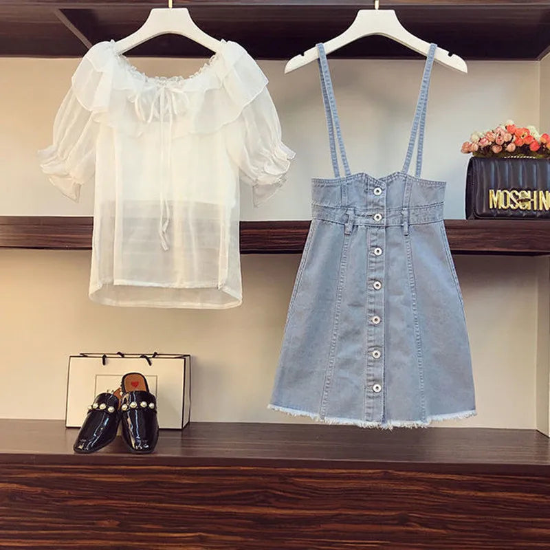 Conjunto de Vestido Vaquero con Tirantes y Camisa de Gasa