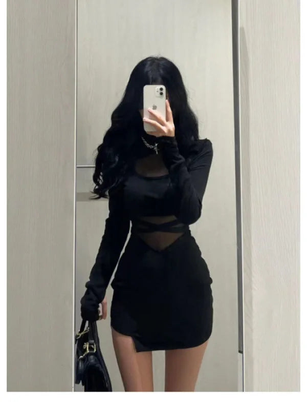 Mangas Abullonadas Nuevo Sexy Vestido Negro con Espina de Pescado Vestido Delgado Personalizado para Mujer Gasa Fina Transparente con Drapeado en los Glúteos F8Q3