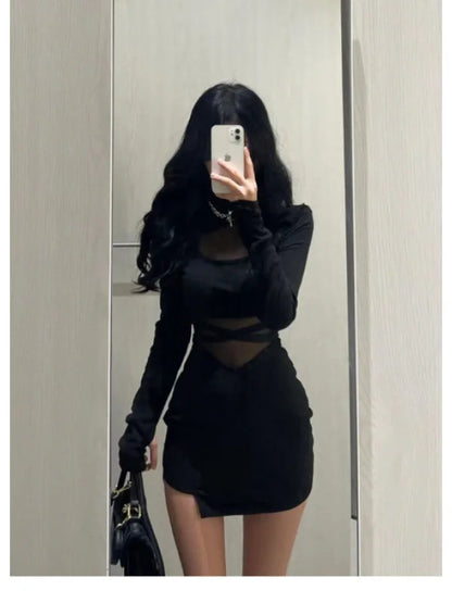 Mangas Abullonadas Nuevo Sexy Vestido Negro con Espina de Pescado Vestido Delgado Personalizado para Mujer Gasa Fina Transparente con Drapeado en los Glúteos F8Q3