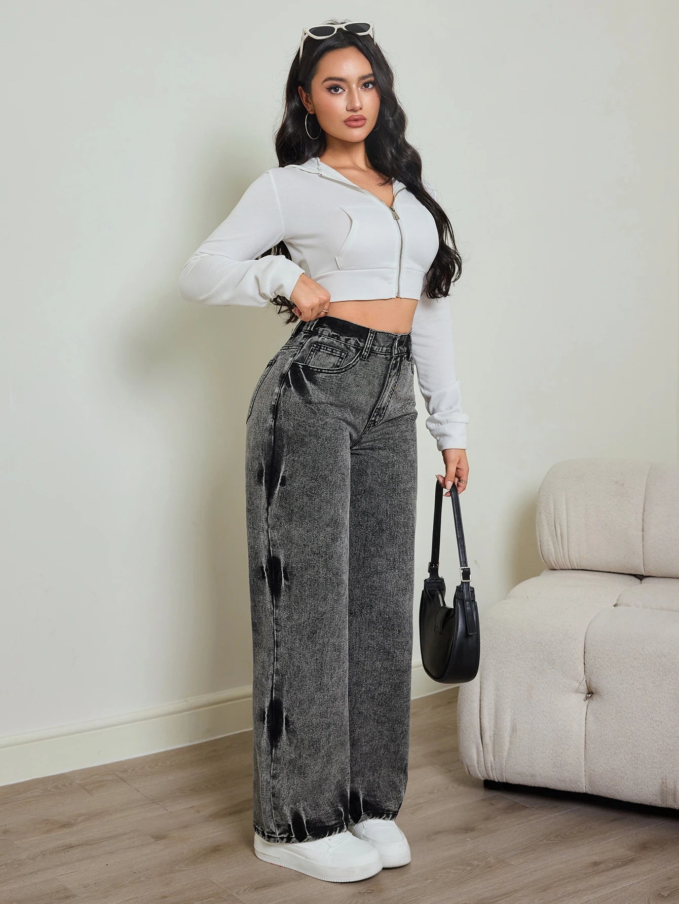 Contrast High Waist Straight Jeans