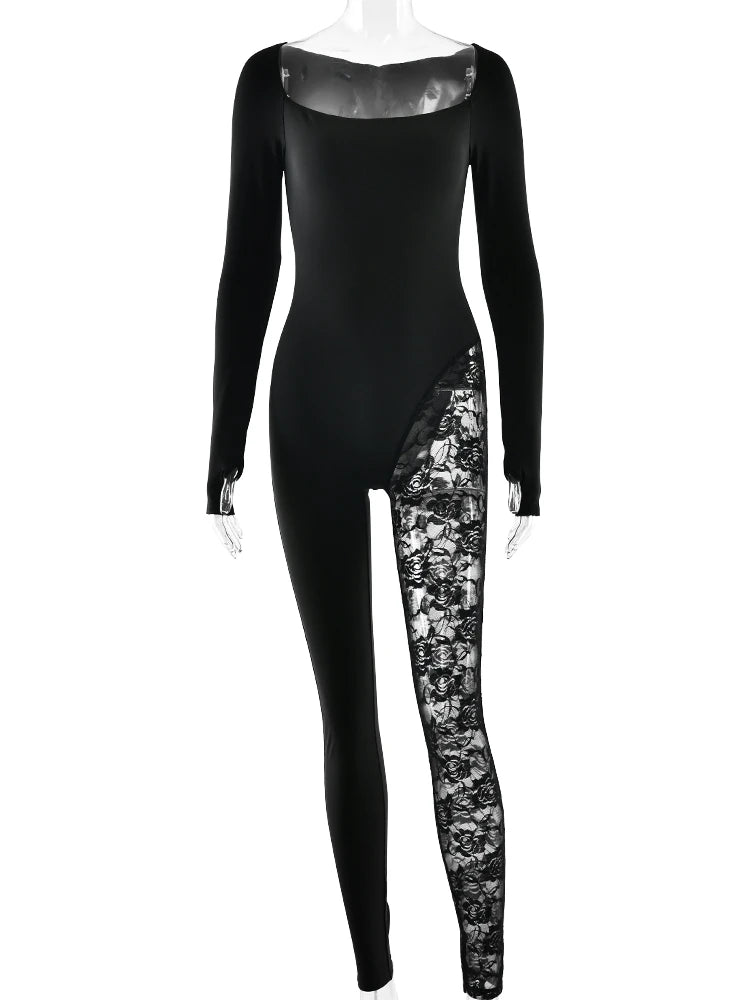 Long Sleeve Lace Patchwork Square Collar Bodycon Jumpsuit