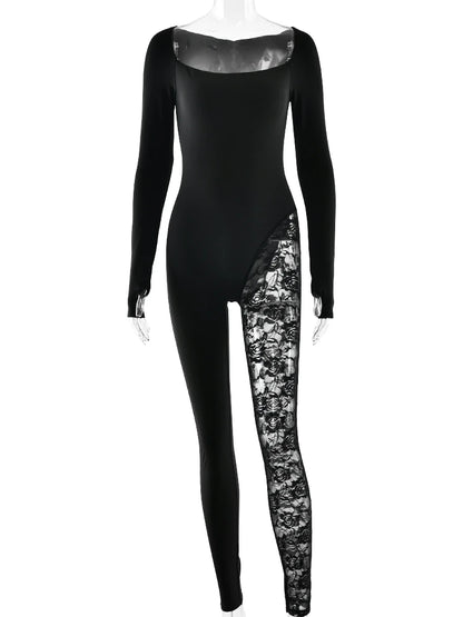 Long Sleeve Lace Patchwork Square Collar Bodycon Jumpsuit
