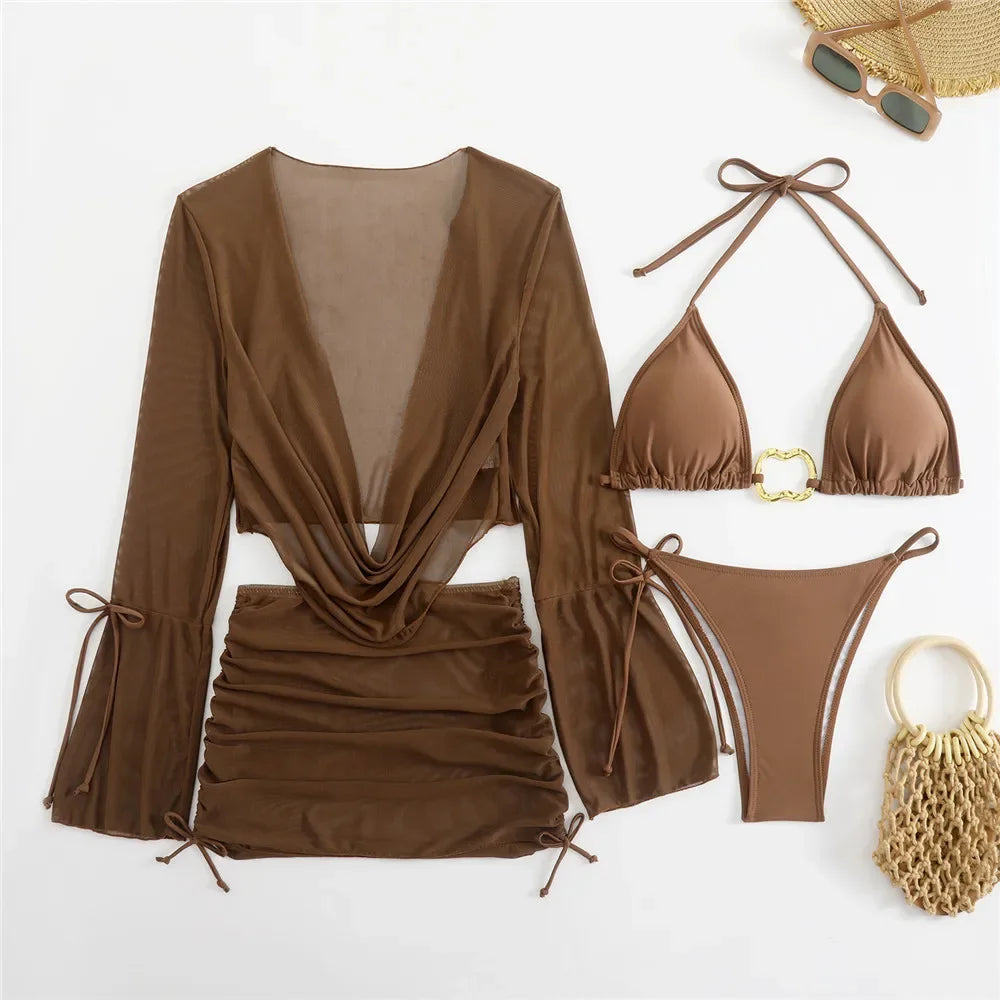 Brown Halter String Triangle Bikinis Sets 4 Piece Mesh Smock Cover Up