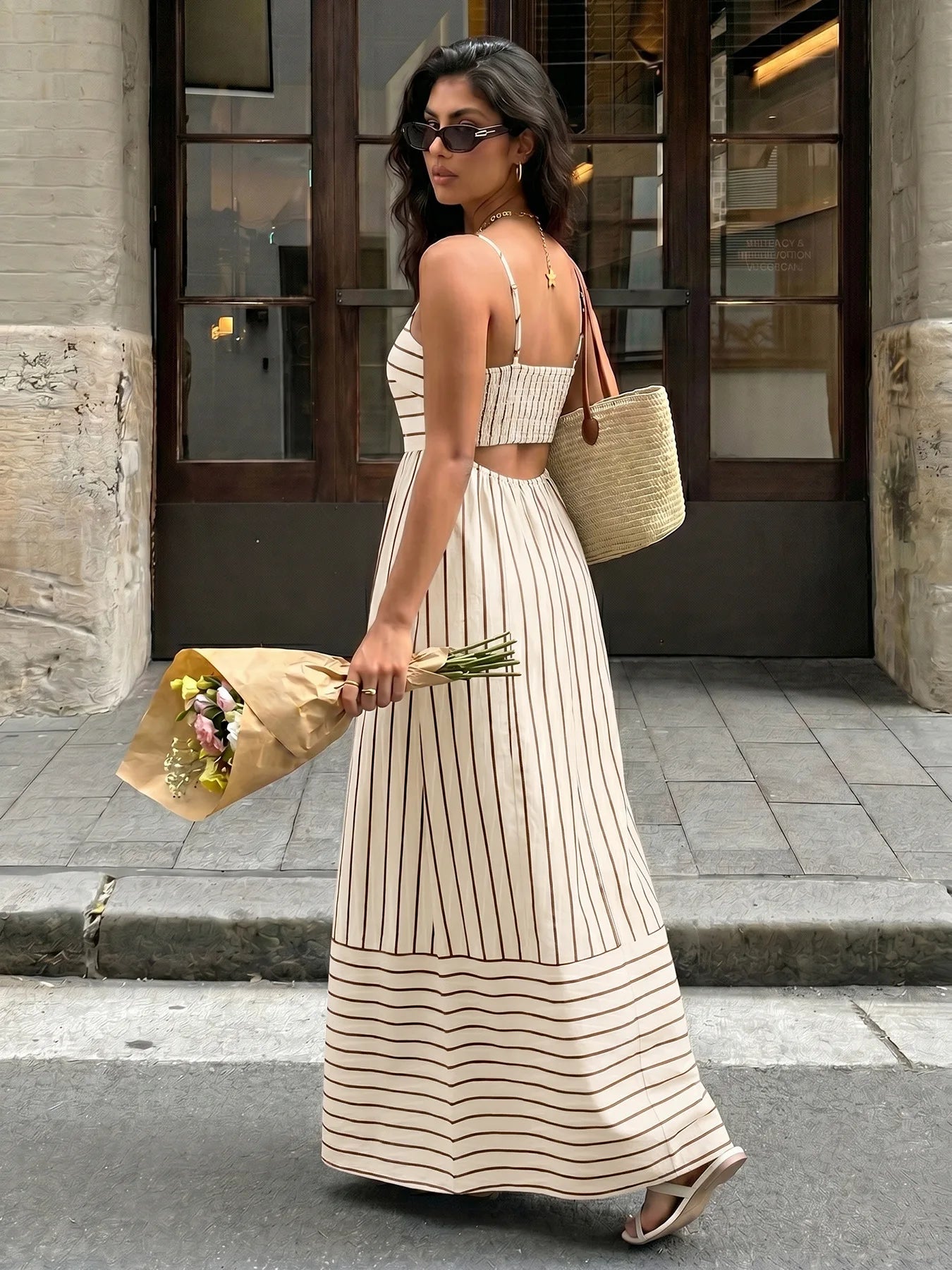 Striped Backless Loose Beach Dress