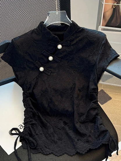 Short Sleeve Draw String Jacquard Crop Top