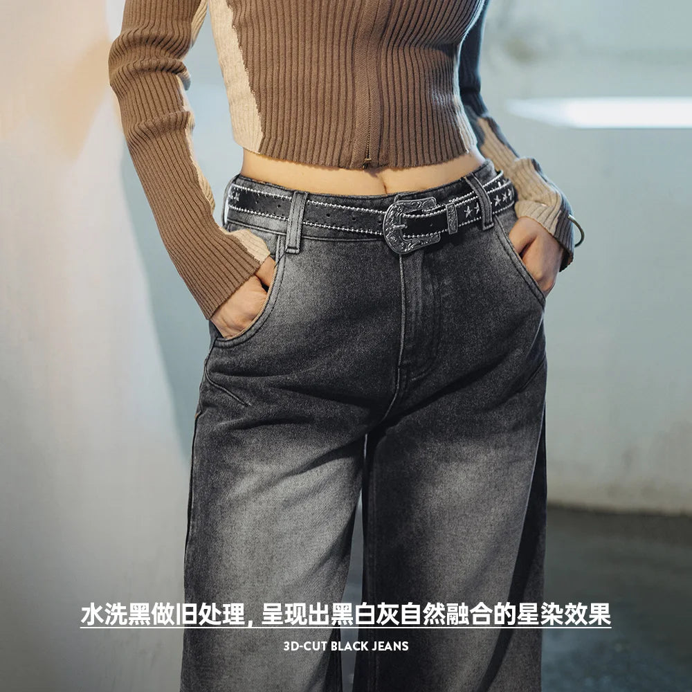 Maden Jeans Negros 3D-Cut para Mujer, de Tiro Medio, Pantalones Rectos, Temporada de Primavera y Otoño, Pantalones Casuales, Jeans de Moda Urbana