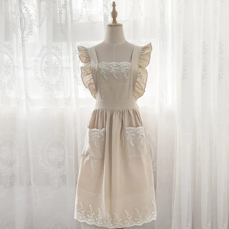 Washed Cotton Linen Lace Kitchen Apron
