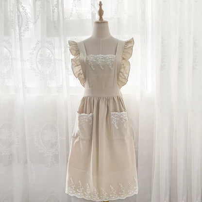 Washed Cotton Linen Lace Kitchen Apron