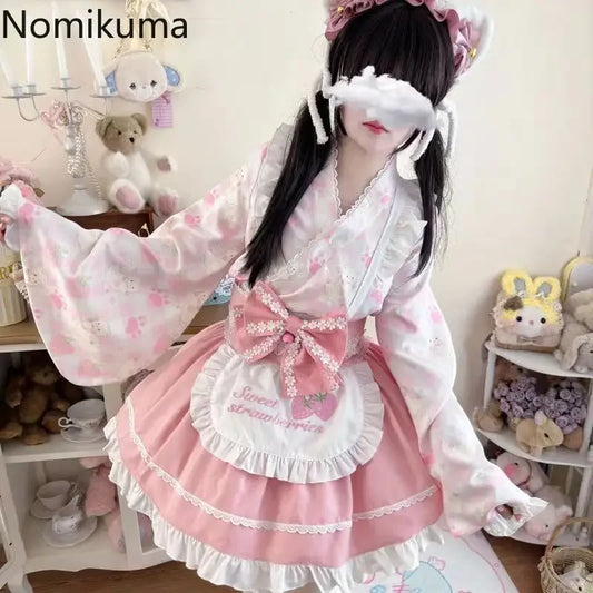 Conjunto de Blusa con Volantes y Mangas Acampanadas y Falda A-line de Talle Alto