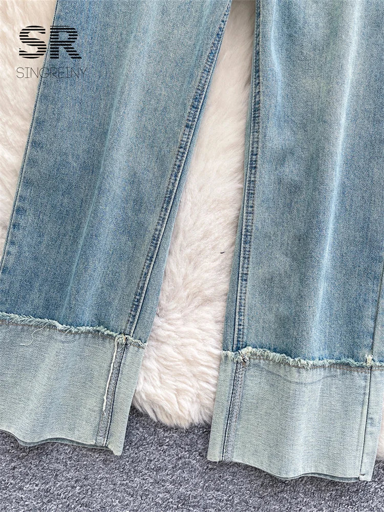 SINGREINY Pantalones vaqueros de moda estilo coreano para otoño de 2025, cintura alta, básicos, empalmados, casuales, pantalones largos, vaqueros lavados vintage sencillos