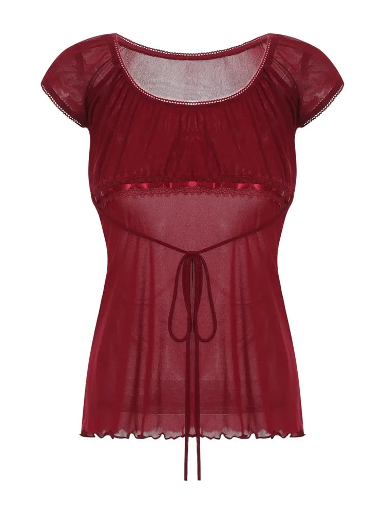 Lace Trim Cap Sleeve Low Cut Shirt