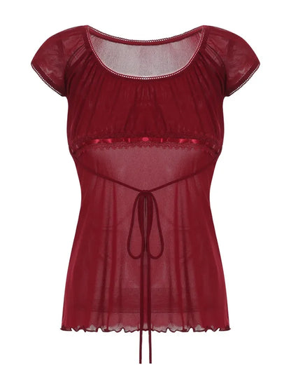 Lace Trim Cap Sleeve Low Cut Shirt