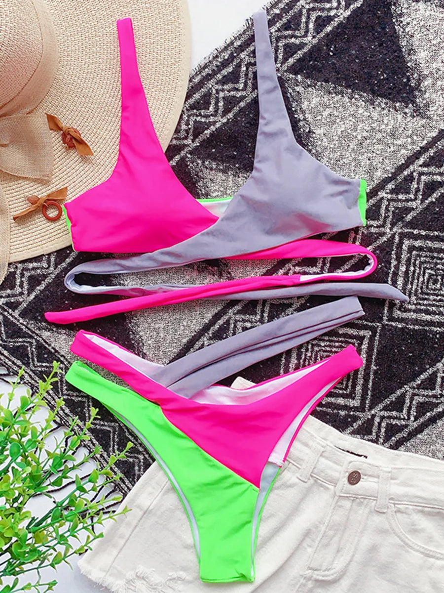 Splicing Cross Bandage Thong Bikini