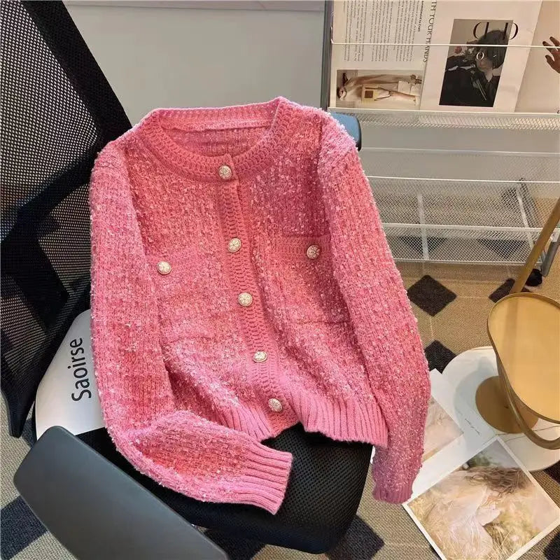 Cárdigan de punto grueso de manga larga para mujer, cuello redondo, un solo botón, Otoño-Invierno 2025, Moda Coreana