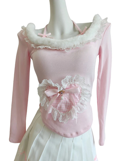 Halter Neck Long Sleeve Top with Lace Heart Patch & Bows