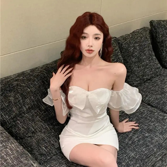 off-shoulder, puffy gauze, bow tie dress