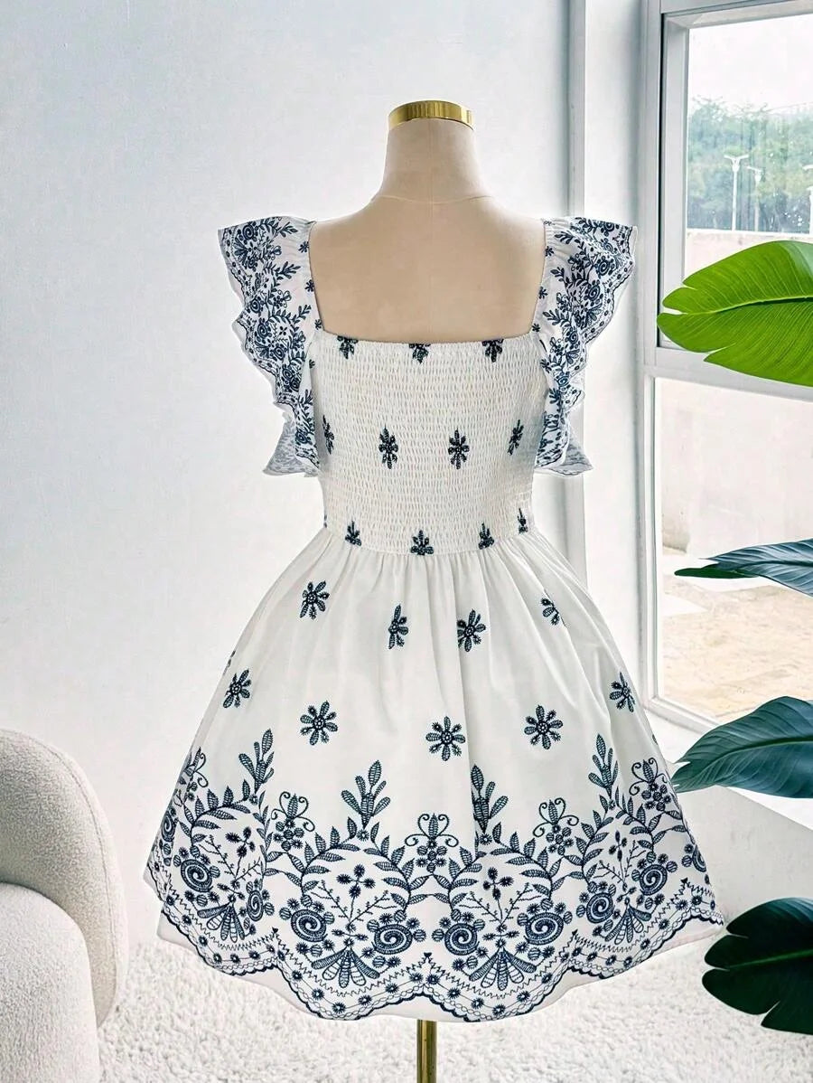 Ethnic Print Gathering Dress