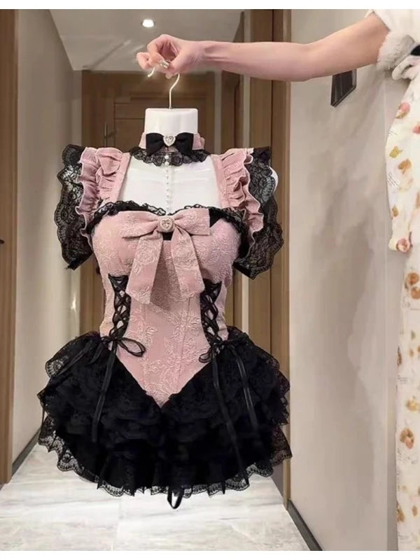 Embroidery Lace Splicing Waist Cinching Puffy Dress