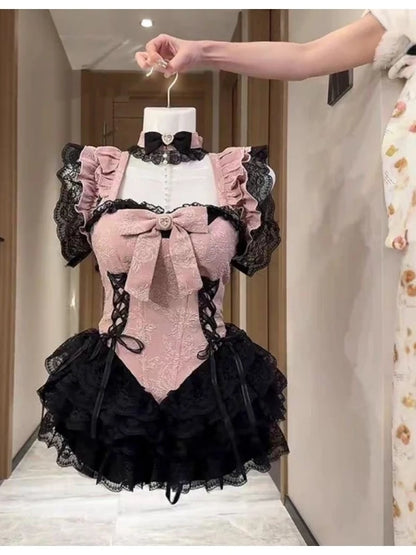 Embroidery Lace Splicing Waist Cinching Puffy Dress