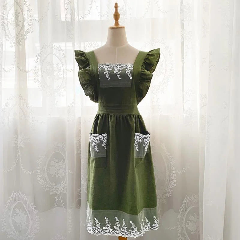 Washed Cotton Linen Lace Kitchen Apron