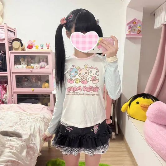 Camiseta de manga larga japonesa con estampado de dibujos animados Jojifuku para hija, camiseta nueva dulce de otoño para niña, camisetas interiores lindas con estética Y2k