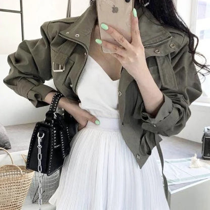 Zipper Drawstring Collar Short Loose Fit Double Jacket