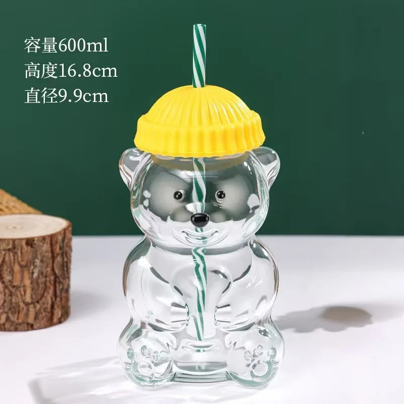 Bear Shape Glass Cup With Straw