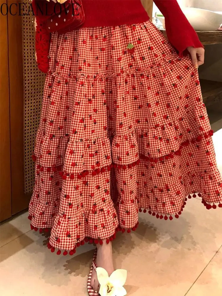 Strawberry Ruffles Plaid Long Skirt