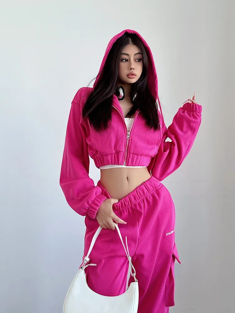 Short Zipper Sweatshirt Large Pocket Wide Leg Pants Set