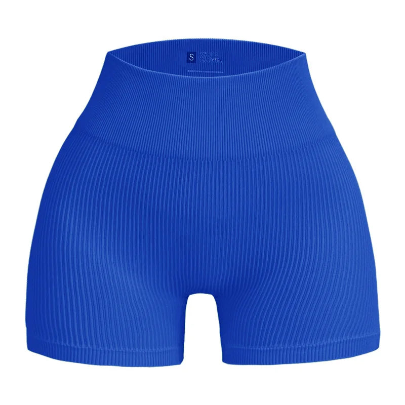 Pantalones cortos de punto acanalados para mujer, shorts de yoga sin costuras, shorts elásticos de cintura alta, shorts sexys para realzar la cadera, pantalones de tres cuartos para ciclismo y running.