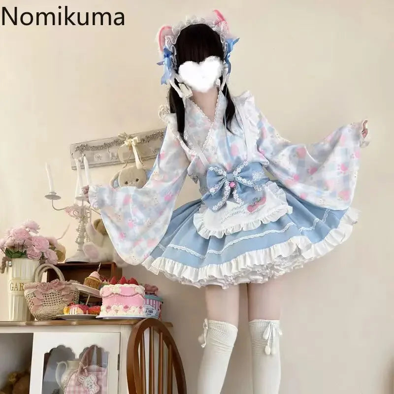 Conjunto de Blusa con Volantes y Mangas Acampanadas y Falda A-line de Talle Alto