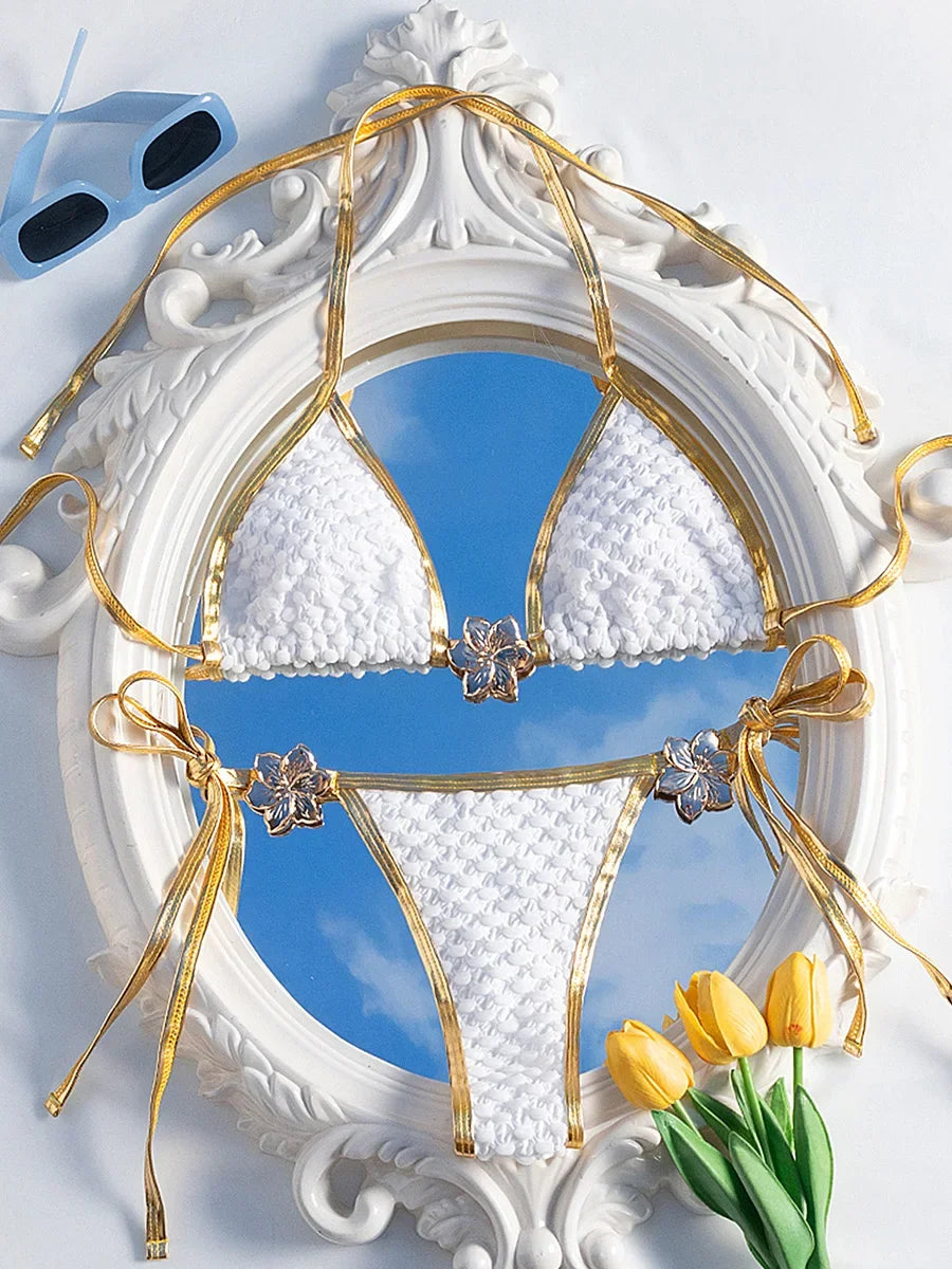 Metal Flower Wrinkled Halter Micro Thong Bikini