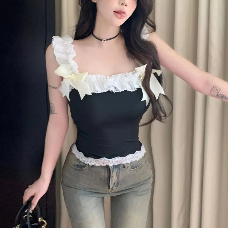 Top corto de encaje con lazo Y2K, volantes, cuello cuadrado amarillo, estilo vintage, sin mangas, ropa de calle, camiseta bonita de verano, estilo coreano, para la playa y vacaciones